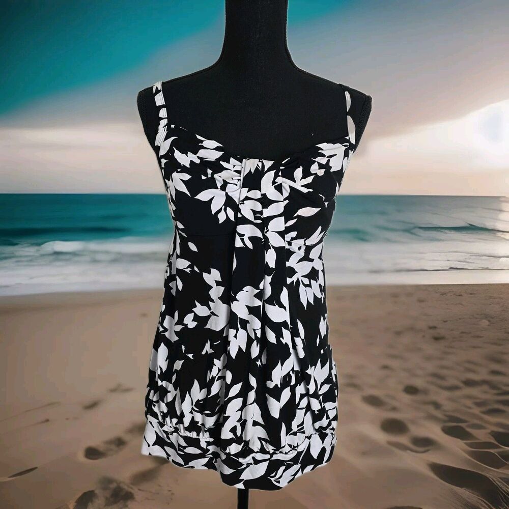 Lands' End Tankini Top Women 8 Swim Black White Floral Padded Tropical Aloha
